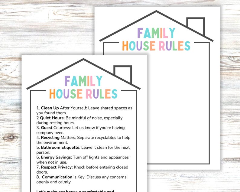 May include: Two white rectangular signs with a black house outline and chimney. The text FAMILY HOUSE RULES appears in pastel colors. One sign lists eight numbered rules including Clean Up, Quiet Hours, Guest Courtesy, and Energy Savings.