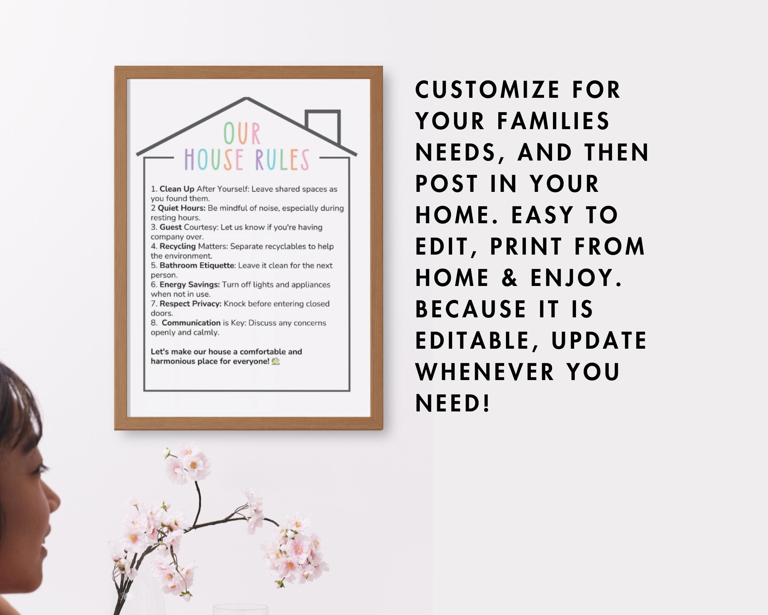 Editable House Rules Chart for Kid and Families Household Rules Chart Family Values Chart Family