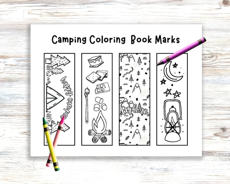 Printable page with coloring bookmarks, each bookmark in the set is  camping themed. First one says happy camper with tent and trees, second with smore theme images, third forest theme background that says explore, fourth a lantern in night sky.