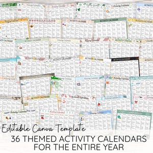 Könnte beinhalten: Eine Sammlung von 36 thematischen Aktivitätskalendern mit verschiedenen Designs, darunter saisonale und Feiertagsmotive. Jeder Kalender hat ein Rasterlayout zur Planung von Aktivitäten. Der Text "ACTIVITY CALENDAR" ist auf jedem Kalender sichtbar. Der Text "Editable Canva Template" ist ebenfalls vorhanden.