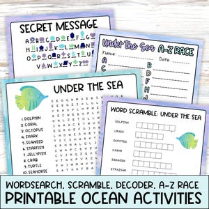 Sea Creatures Printable Activities, Word Search & Scramble, A-Z Race, Message Decoding, Under the Sea Birthday Party Games, Early Finisher