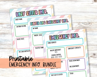 Family Emergency Information Sheet , Baby Sitter Printable, Diaper Bag in Case of Emergency for Kids, Parents Post on Fridge Kids Home Alone