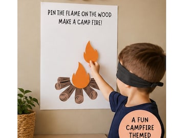 Pin the Flame on the Campfire Wood Game, Pin the Tail Game, Camping Theme Summer Birthday Party Game, Printable Activity