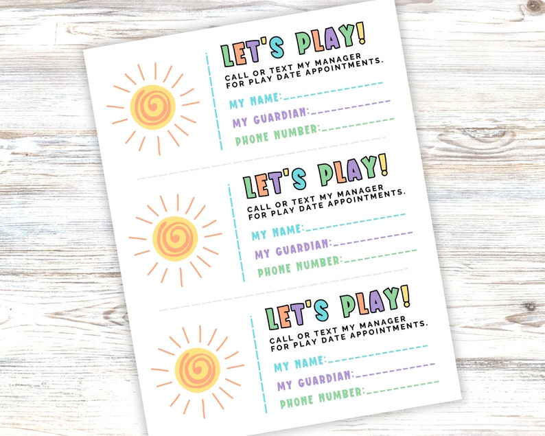Play Date Contact Card for Kids to Hand Out at School or Day Care ...
