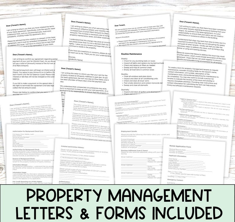property management letters and forms included, example of multiple pages printed out with variety of forms
