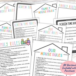 May include: A collection of printable house rules and screen time rules documents featuring colorful headers like Our House Rules, Family House Rules, and Screen Time Rules, with numbered lists of guidelines for household conduct and digital usage.