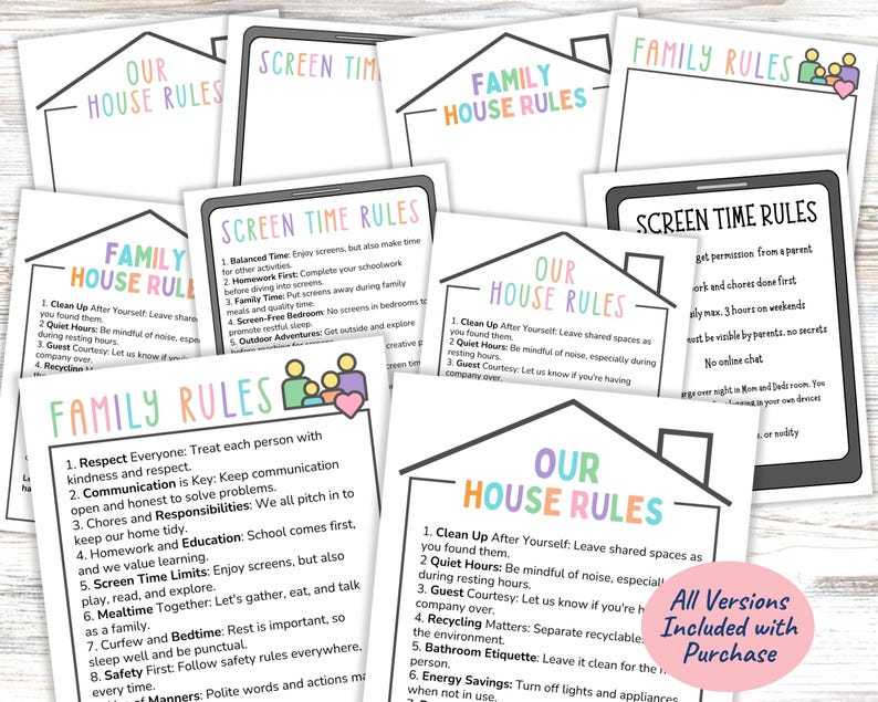 May include: A collection of printable house rules and screen time rules documents featuring colorful headers like Our House Rules, Family House Rules, and Screen Time Rules, with numbered lists of guidelines for household conduct and digital usage.