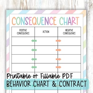 printed page of consequence chart. table to write down actions their positive consequences and negative consequences.