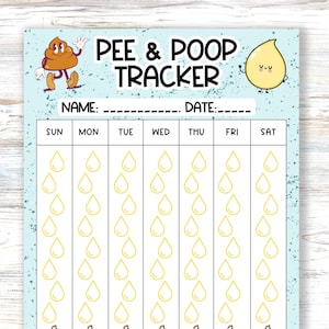 Puede incluir: Un gráfico imprimible azul y blanco con el texto "Pee & Poop Tracker" y un excremento de dibujos animados y una gota de lluvia de dibujos animados. El gráfico tiene espacios para un nombre, una fecha y los días de la semana. Hay 8 filas de iconos de gotas de lluvia amarillas para hacer un seguimiento del pipí y la caca.