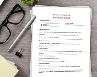 May include: A white maintenance request form for Emerald Garden Apartments with black text and a red header. The document includes fields for tenant information, issue description, entry permission, signature, and emergency contact details.
