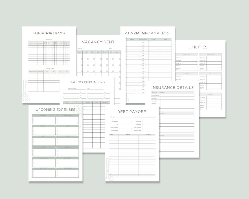 Multiple Printed Pages with Various Titles. Rental Property Planner with 25 Printable Pages.