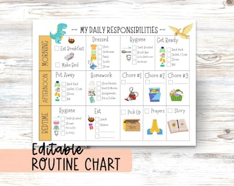 Op de afbeelding: Een afdrukbare dagelijkse routinekaart met secties voor ochtend-, middag- en avondactiviteiten. De kaart bevat illustraties en selectievakjes voor taken zoals ontbijten, aankleden en klusjes doen. De tekst "My Daily Responsibilities" staat bovenaan.