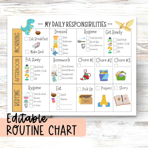 Customizable Daily Responsibility Chart with Pictures After School Routine Chart for Kids Morning Checklist Bedtime Routine Kid Chore Chart