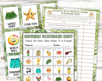BIG Hawaiian Luau Activity Bundle, Scavenger Hunt Bingo Boards, Playing Card, Includes  Activity Protocols for Recreation Directors / Groups