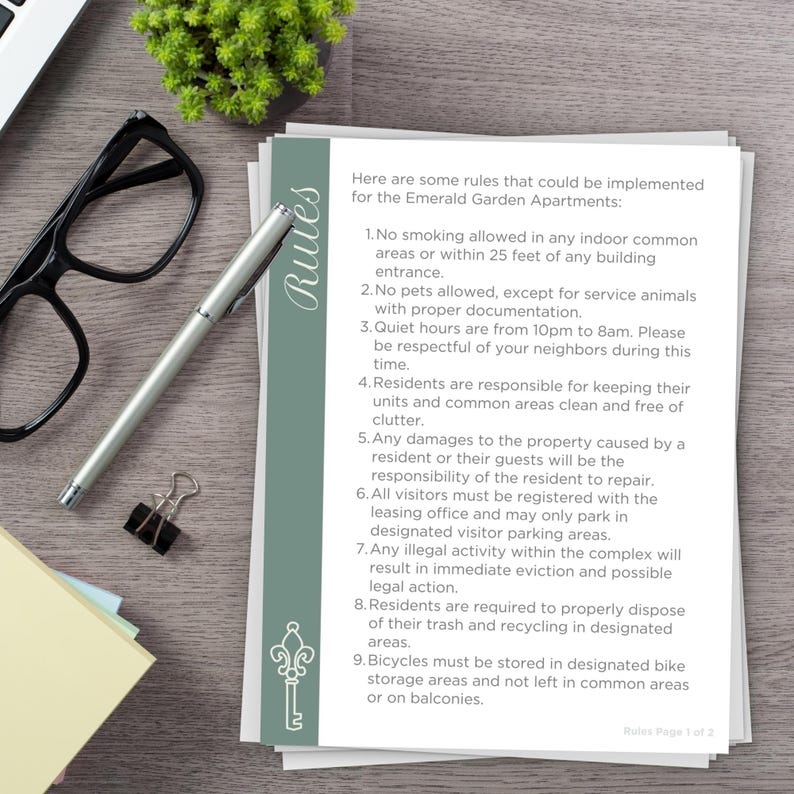Printed Page on a desk, Apartment Rules