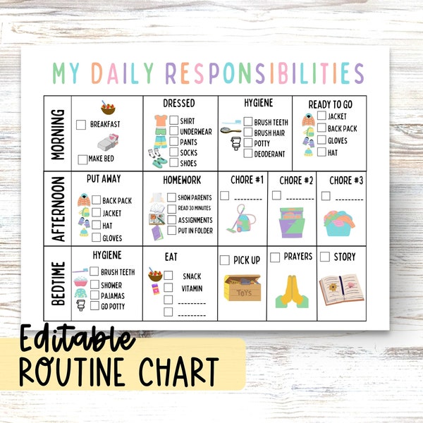Editable Daily Routine Kids Visual Schedule Morning Schedule Afternoon Checklist Bedtime Routine Toddler Chart with Pictures Command Center