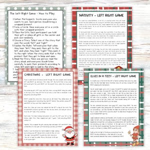 May include: Three printable game cards with instructions for a left-right game. The games are themed for Christmas, Nativity, and Elves. Each card features a festive illustration and instructions for playing the game.