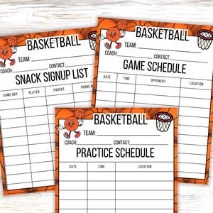 Könnte beinhalten: Drei ausdruckbare Formulare zum Thema Basketball mit einer Cartoon-Basketballfigur, einem Korb und dem Text Basketball. Die Blätter enthalten eine Snack-Anmeldeliste, einen Spielplan und einen Trainingsplan mit leeren Feldern für Team, Trainer und Kontakt.