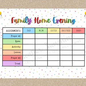 Printable Family Home Evening Chart Editable FHE Chart Assignments for Each Family Member Come Follow Me Lessons at Home Customizable Chart