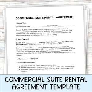 May include: A black and white printable commercial suite rental agreement template. The document includes sections for lease term, rent payment, maintenance and repairs, and landlord responsibilities.