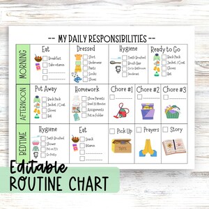 Daily Responsibility Check List Daily Planner for Kids Editable Chore Chart Template Bedtime Routine Morning Check List After School List