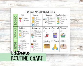 Daily Responsibility Check List Daily Planner for Kids Editable Chore Chart Template Bedtime Routine Morning Check List After School List