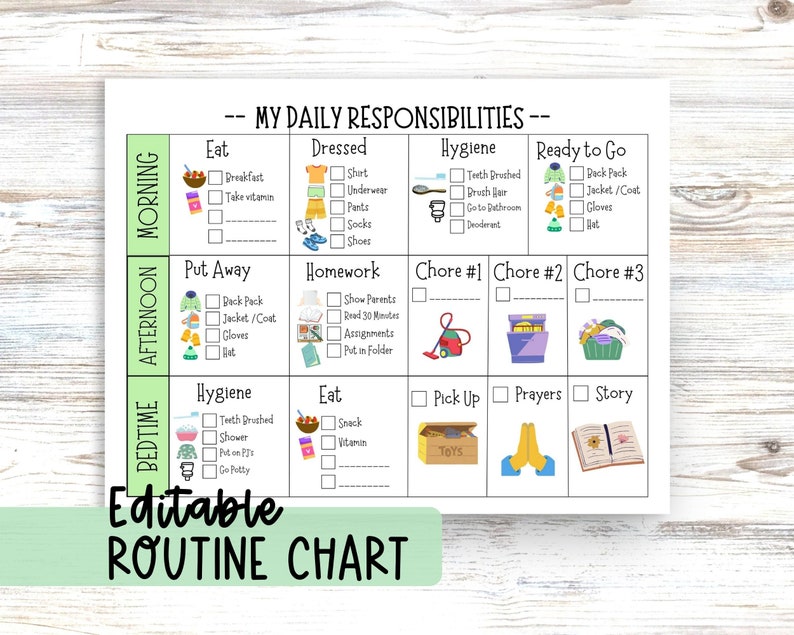 Daily Responsibility Check List Daily Planner for Kids Editable Chore ...