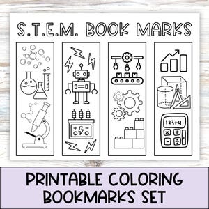 Op de afbeelding: Een set van vier zwart-witte, printbare kleurplaten voor bladwijzers met STEM-thema's. De bladwijzers tonen een microscoop, een robot, tandwielen en een rekenmachine.