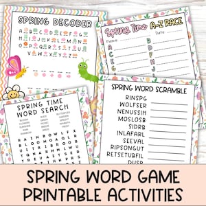 Puede incluir: Un conjunto de juegos de palabras de primavera imprimibles para niños. Los juegos incluyen una búsqueda de palabras, una palabra revuelta, un decodificador y una carrera A-Z. Los juegos están decorados con flores y mariposas coloridas.