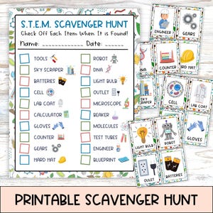 May include: A printable STEM scavenger hunt checklist with colorful illustrations of science and engineering items. The checklist includes items like tools, a robot, a sky scraper, DNA, batteries, a light bulb, a cell, an outlet, a lab coat, a microscope, a calculator, a beaker, gloves, molecules, test tubes, an engineer, a blueprint, gears, a hard hat, and a counter.