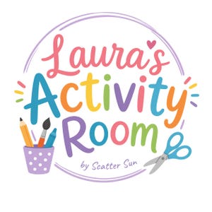 May include: A circular logo featuring the text Laura's Activity Room by Scatter Sun in colorful letters. A purple polka-dot cup holds a yellow pencil, a paintbrush, and a blue crayon. A pair of blue scissors is positioned to the right.