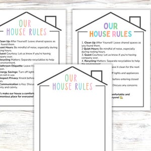 May include: Three white rectangular signs with a black house outline at the top. The text "OUR HOUSE RULES" appears in pastel colors. Two signs contain eight numbered rules regarding cleanliness, quiet hours, guests, recycling, and communication.