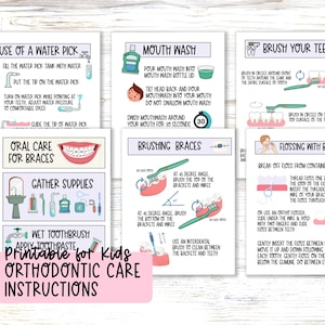 Richtlijnen mondverzorging voor tanden poetsen, afdrukbare instructieposter, stapsgewijze handleiding voor kinderen, bundel visuele hulpmiddelen en stickerkaart