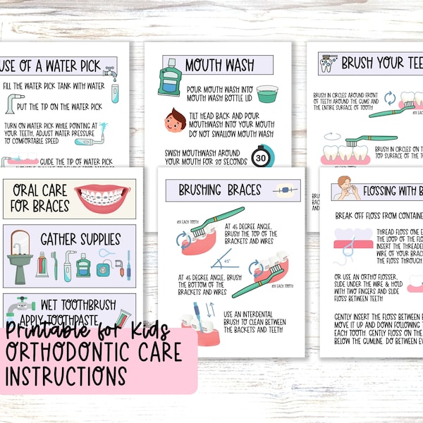 Oral Care Guidelines for Brushing Teeth, Printable Instruction Poster,  Step by Step Guide Book for Kids,  Visual Aid Bundle & Sticker Chart