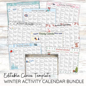 May include: A collection of winter activity calendars with different designs. Each calendar has a grid layout with days and times. The calendars feature decorative borders and winter-themed illustrations. Text on the calendars reads "Activity Calendar" and "Happy New Year".