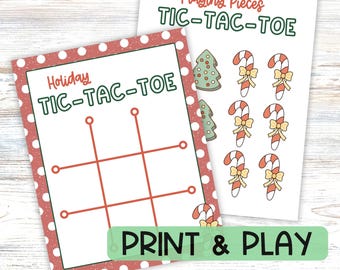 Tic Tac Toe Christmas Activity Printable Game, DIY Easy 2 Player Party Game for Kids or Family, Candy Cane & Christmas Tree Playing Pieces