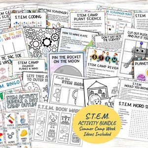 May include: A collection of black and white printable STEM activity sheets including word searches, planet matching, tic tac toe, and scavenger hunts. The pages feature educational themes like coding, plant science, and engineering with text.