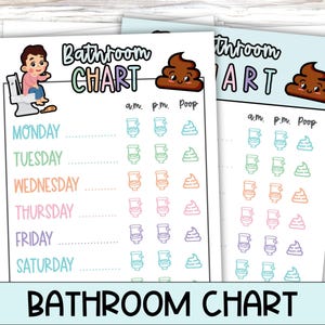 Puede incluir: Dos gráficos de baño con ilustraciones coloridas. Un gráfico presenta un personaje de dibujos animados en un inodoro, las palabras "Bathroom Chart" en colores arcoíris y un emoji de caca. El otro gráfico tiene las palabras "Bathroom Art" y un emoji de caca.
