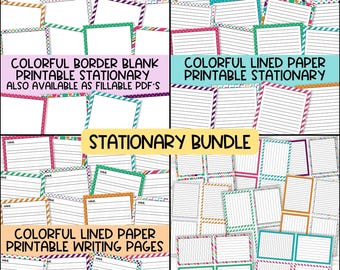 Colorful Stationary Set Fun Printable Lined Junk Letter Journal Pages, Preschool Writing Practice, Teacher Desk Notes, Rainbow Border Bundle