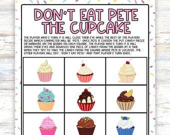 Don't Eat Pete the Cupcake, Fun Easy Birthday Party Activity or Kids Slumber Party,  Printable Board Game, Classrooms, or Family Game Night