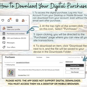 May include: An instructional graphic titled How to Downlaod Your Digital Purchase, featuring a step-by-step guide with arrows pointing to a user account menu and a purchases page. It includes text instructions and a note that the app does not support downloads.