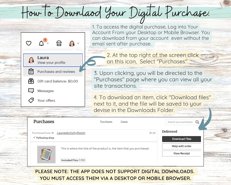 May include: An instructional graphic titled How to Downlaod Your Digital Purchase, featuring a step-by-step guide with arrows pointing to a user account menu and a purchases page. It includes text instructions and a note that the app does not support downloads.