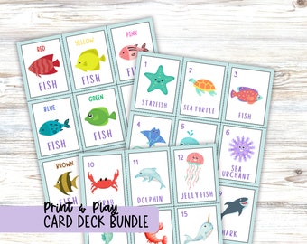 Go Fish & Playing Card Deck Ocean Animal Themed Printable Games for Kids, Includes Memory, Slap Jack, Old Maid, Color Flash Cards