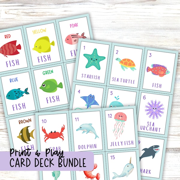 Go Fish & Playing Card Deck Ocean Animal Themed Printable Games for Kids, Includes Memory, Slap Jack, Old Maid, Color Flash Cards