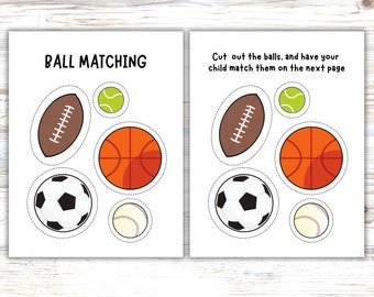 Juego de emparejar pelotas para niños en edad preescolar. Pelotas deportivas. Juego imprimible para carpeta de archivos. Aprende colores y formas. Libro de actividades para niños pequeños o actividad de verano.
