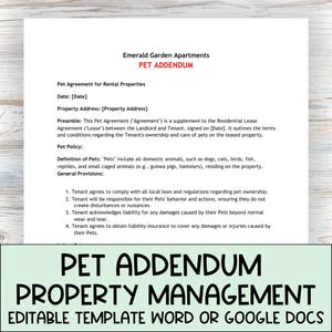 Anexo sobre mascotas para el contrato de alquiler, plantilla para arrendador, formulario editable para administración de propiedades, documentos para apartamentos que admiten mascotas, depósito por mascota