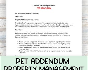 Addendum per animali domestici per contratto di locazione, modello per locatore, modulo modificabile per la gestione della proprietà, documenti per appartamenti che accettano animali domestici, deposito per animali domestici