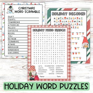 May include: Three printable holiday activity sheets featuring a Christmas Word Scramble with a snowman, a Holiday Decoder with a gnome, and a Holiday Word Search with a gnome, all decorated with festive borders and seasonal graphics.