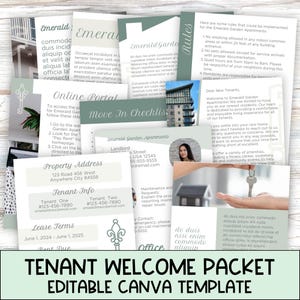 Paquete de bienvenida para inquilinos, plantilla editable de Canva, carta de bienvenida para el alquiler, libro de normas e información del apartamento, formularios adicionales para propietarios de administración de propiedades.