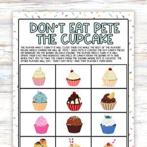 Don't Eat Pete the Cupcake, Fun Easy Birthday Party Activity or Kids Slumber Party,  Printable Board Game, Classrooms, or Family Game Night